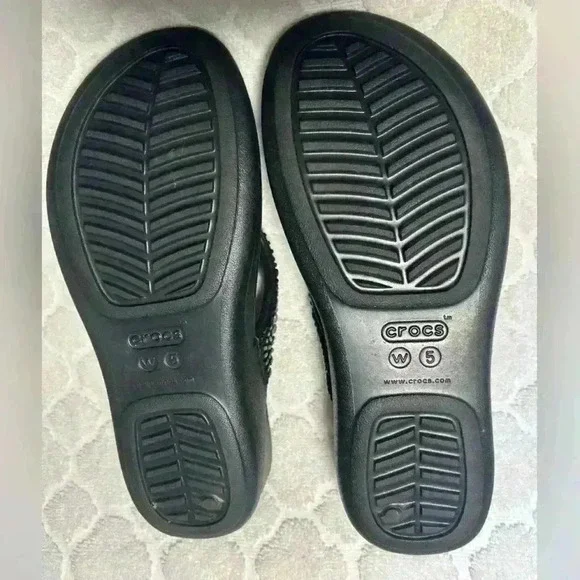 Crocs Monterey Diamante Womens Size 5 Black Flip Flop Wedge Sandals Like New - Picture 6 of 8